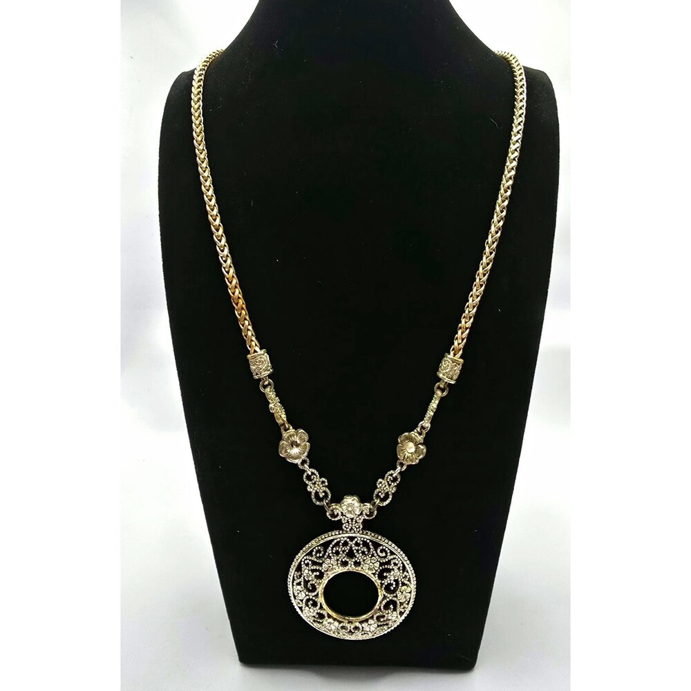 Vintage Ornate Filigree Medallion Statement Necklace Boho Flower Chain Pendant